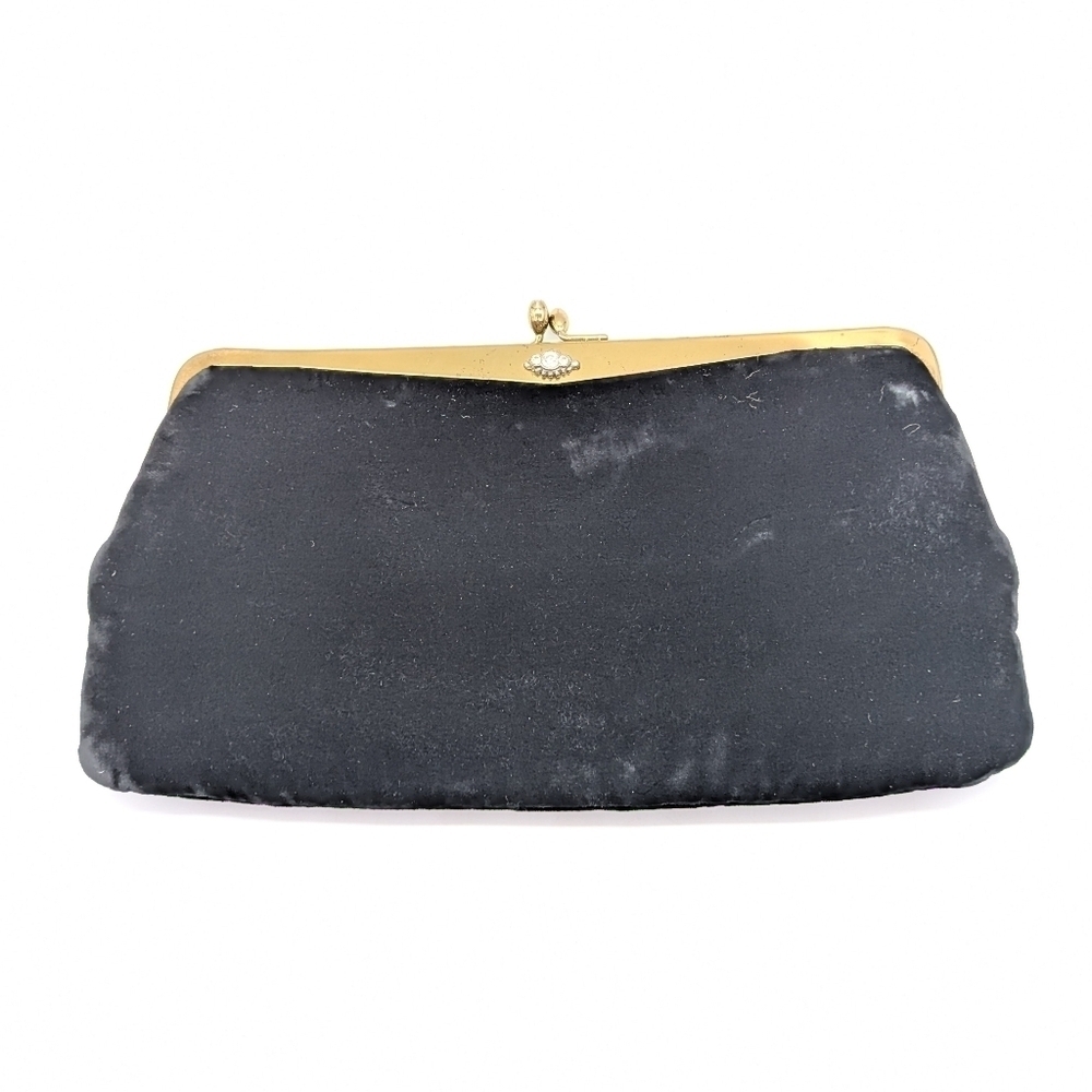 ✨3/$15 Vintage Black Velvet Rhinestone Accent Kiss Lock Clutch